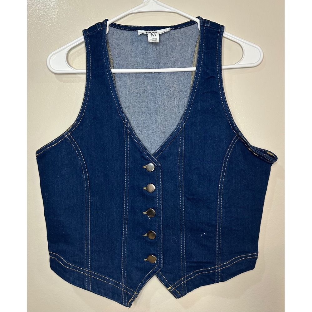 Tulip Creations Women Dark Wash Denim Vest Button Front Boho Western Blue Size M